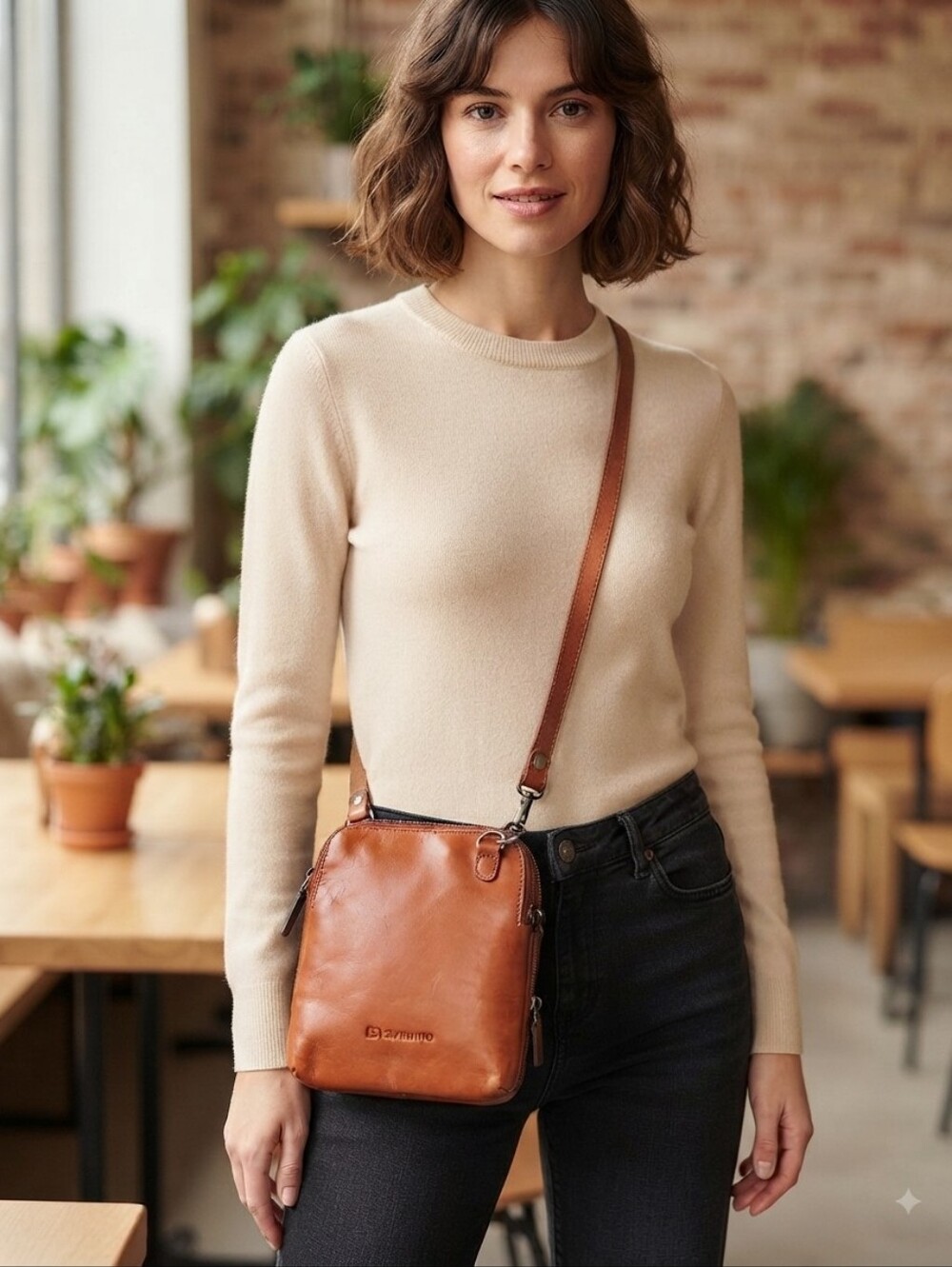 NWT Charmino Genuine Handcrafted Leather Crossbody Bag Cognac Tan Multi-Zip 7x8